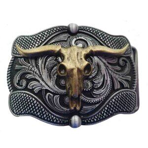 NEW Western Belt Buckle Gray Gold Metal Longhorn Men's FITS 1.5 Inch